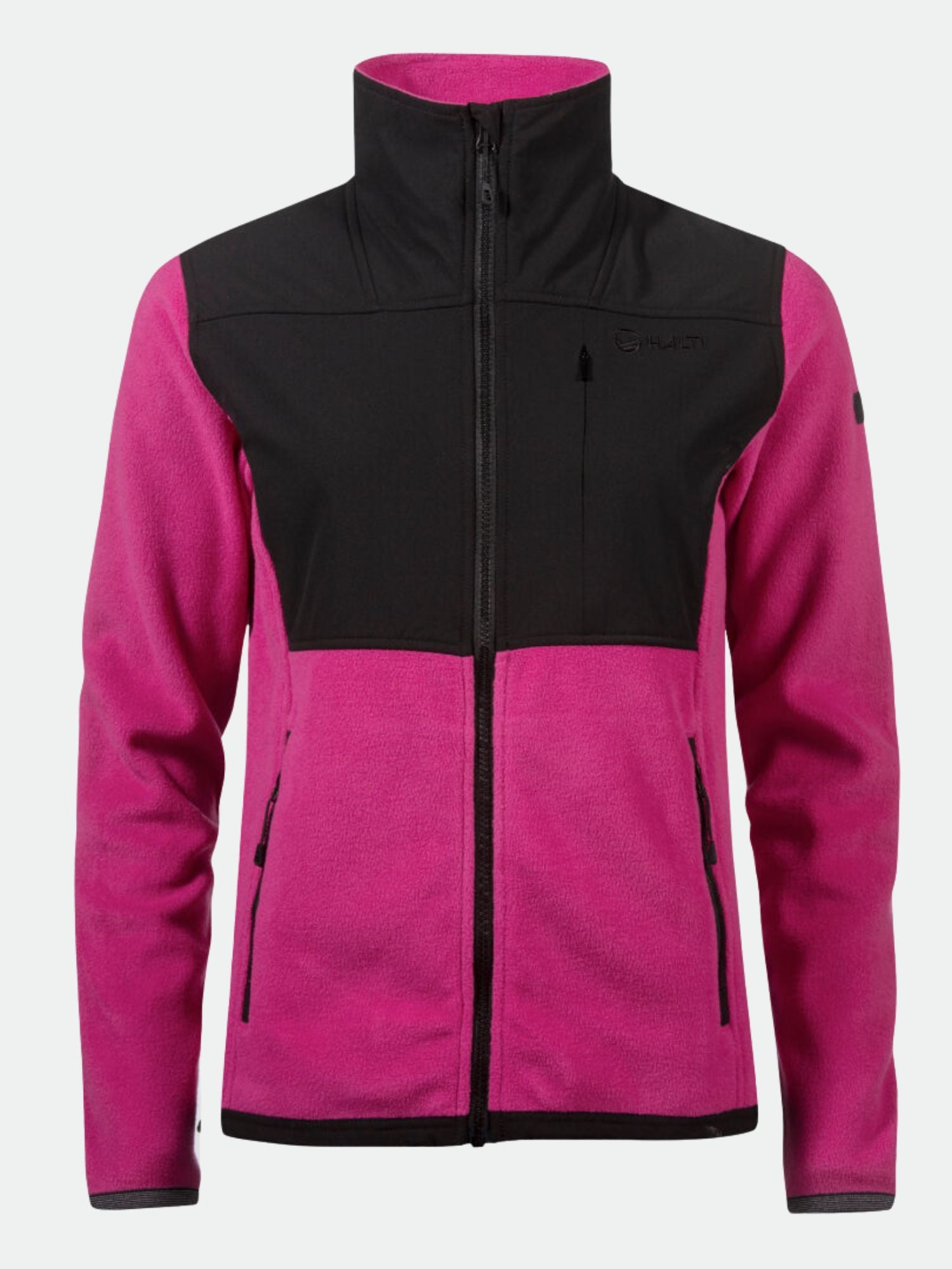 The Halti Pioneering Women's Fleece Jacket features pink and black design, long sleeves, zip pockets, and a high collar.