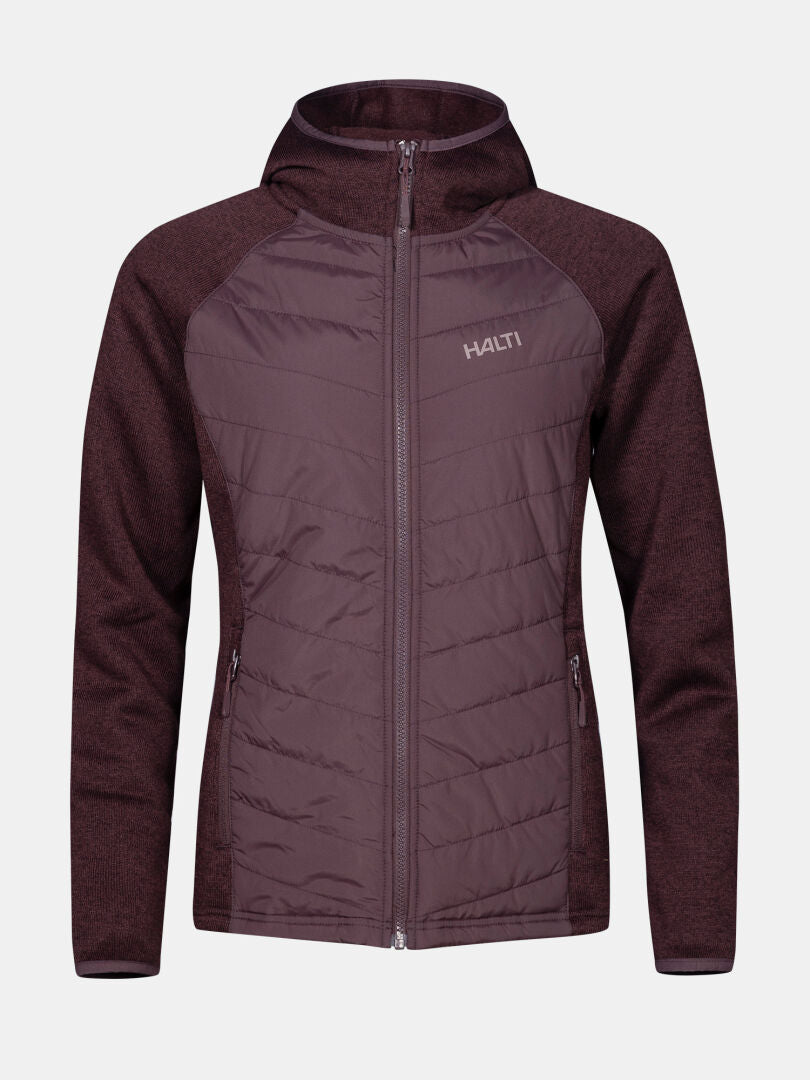 The Halti Streams Hybrid Layer Jacket Women's is a maroon hooded jacket with a quilted front and left chest logo.
