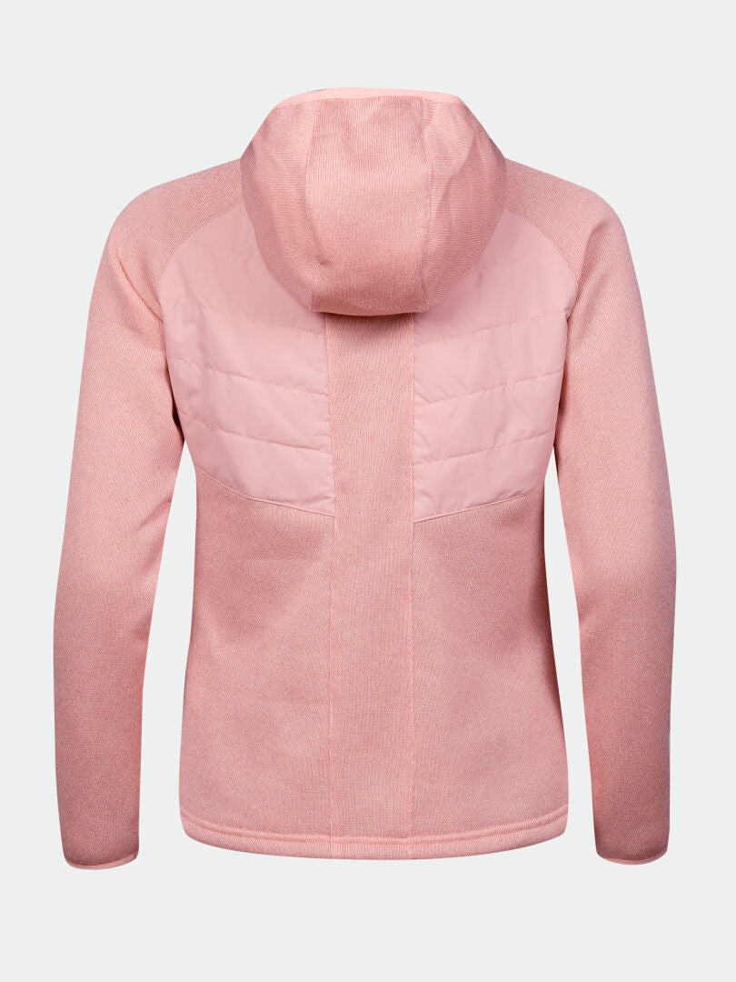 The Halti Streams Hybrid Layer Jacket Women's in pink features a quilted back and long sleeves, shown from the rear.