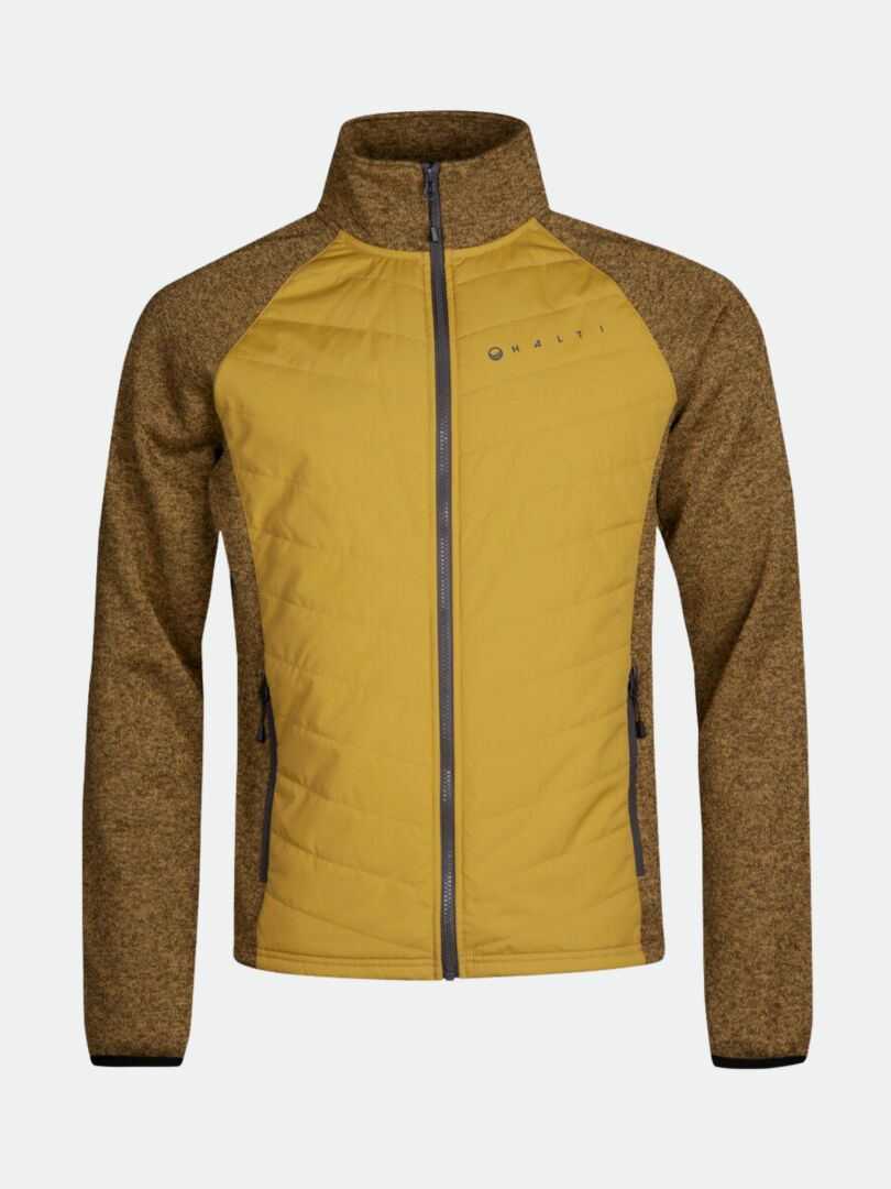 Halti Streams Hybrid Layer Jacket Mens in yellow/brown with long sleeves, zip pockets, and logo on the left chest.