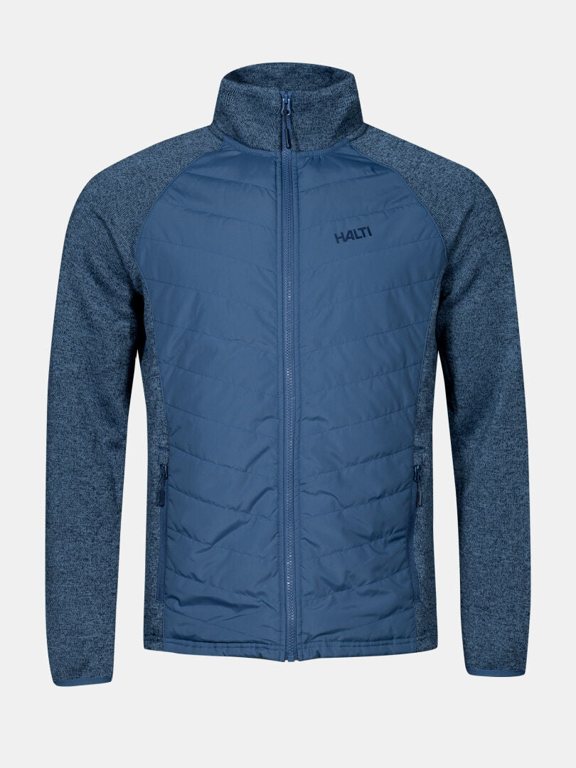 The Halti Streams Hybrid Layer Jacket Men's is blue with textured sleeves, side panels, and a left chest logo.
