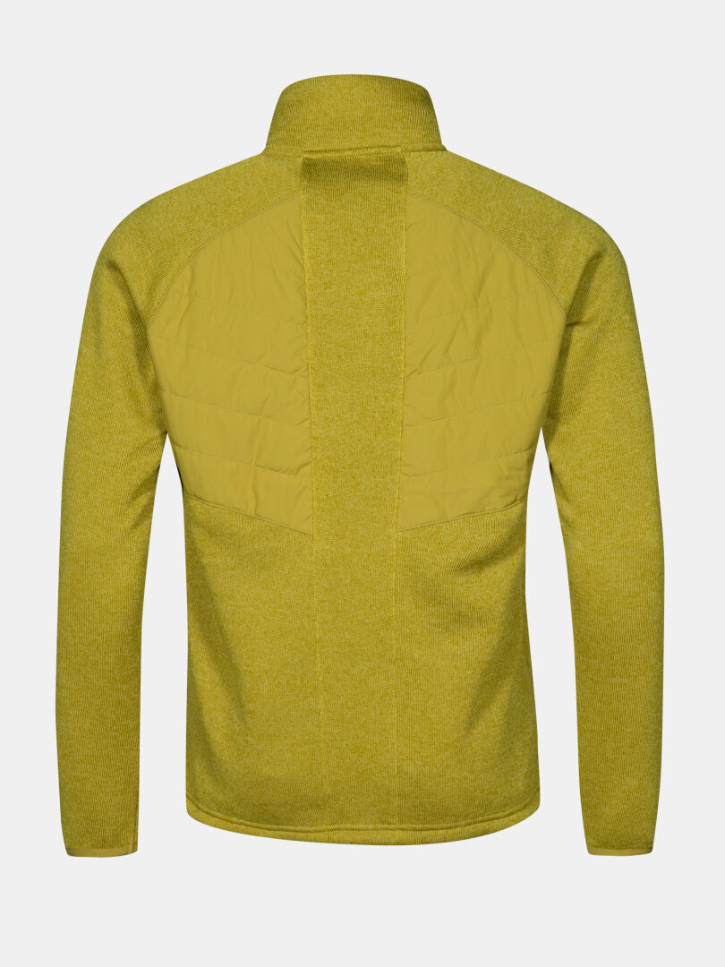 The Halti Streams Hybrid Layer Jacket Men's is a yellow-green mid layer with quilted back and stand-up collar for outdoors.