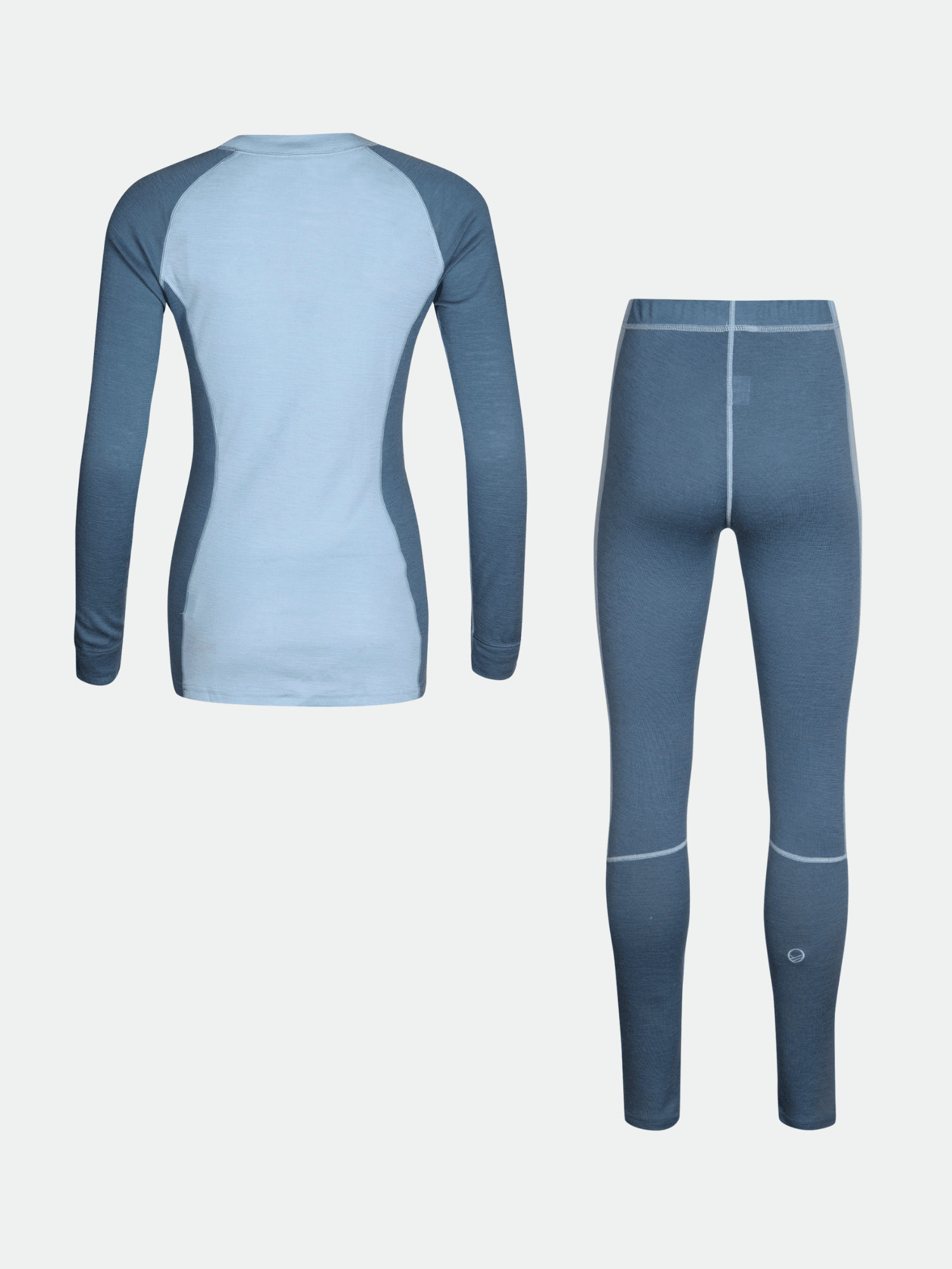 Back view of Halti Hossa Merinowool Baselayer Set Women's in blue, laid flat on a white background.