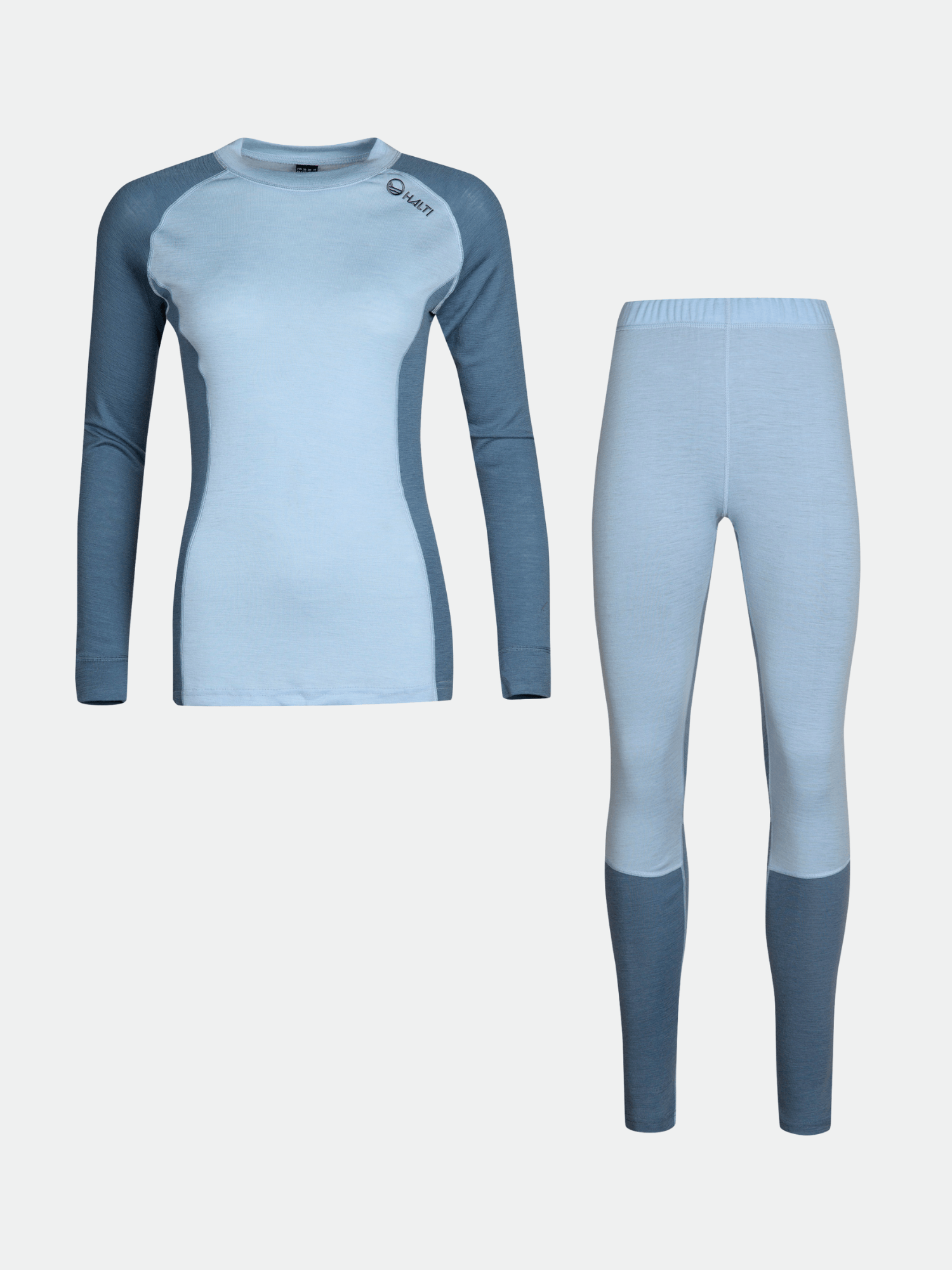 Halti Hossa Merinowool Baselayer Set Women's: light blue with dark blue sleeves, sides, and ankle panels.