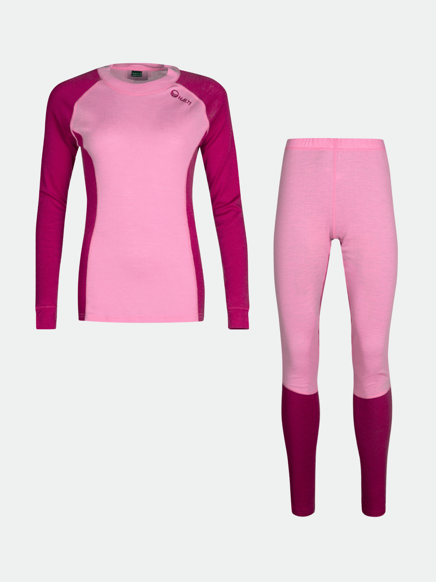 Halti Hossa Merinowool women’s baselayer set in pink and magenta, shown on a plain light background.