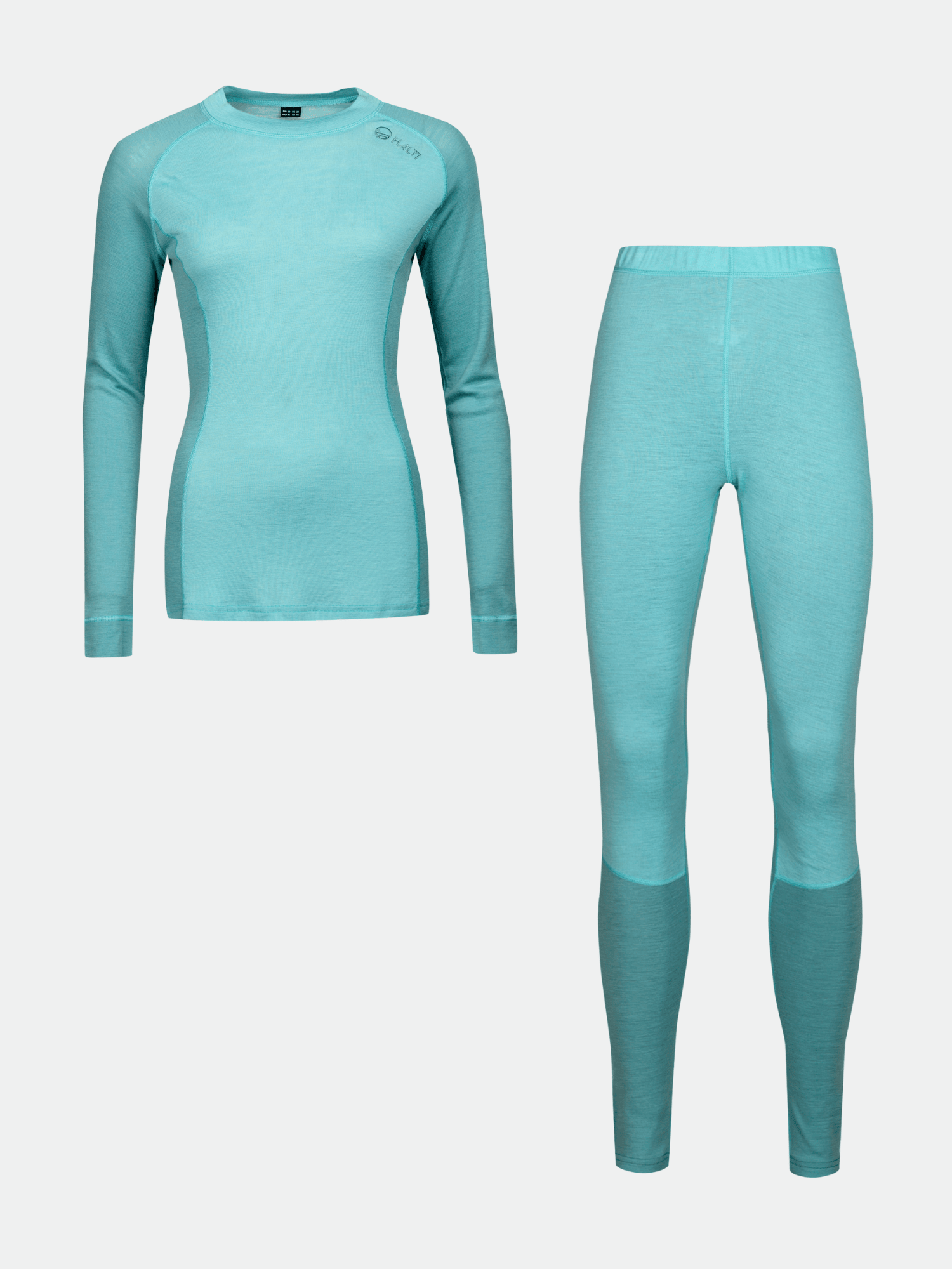 Halti Hossa Merinowool Baselayer Set for women in aqua blue with long sleeves and matching leggings shown on plain background.