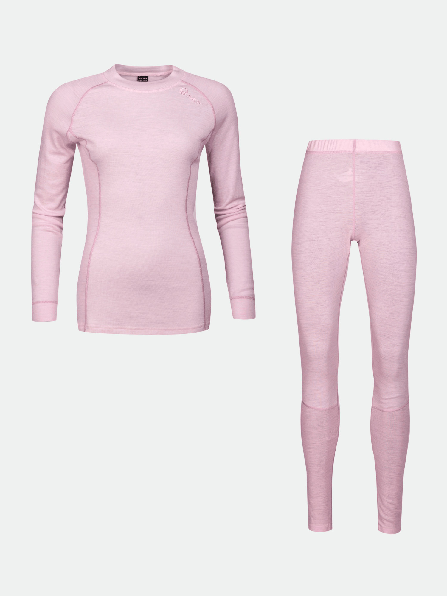 Halti Hossa Merinowool Baselayer Set Women's in light pink, long sleeves and leggings, shown on a plain background.