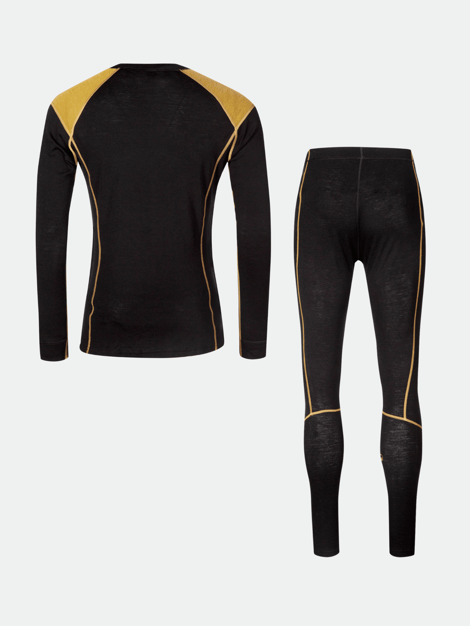 The Halti Hossa Merino Base Layer Set Men's, black with yellow accents, is shown from the back on a plain background.