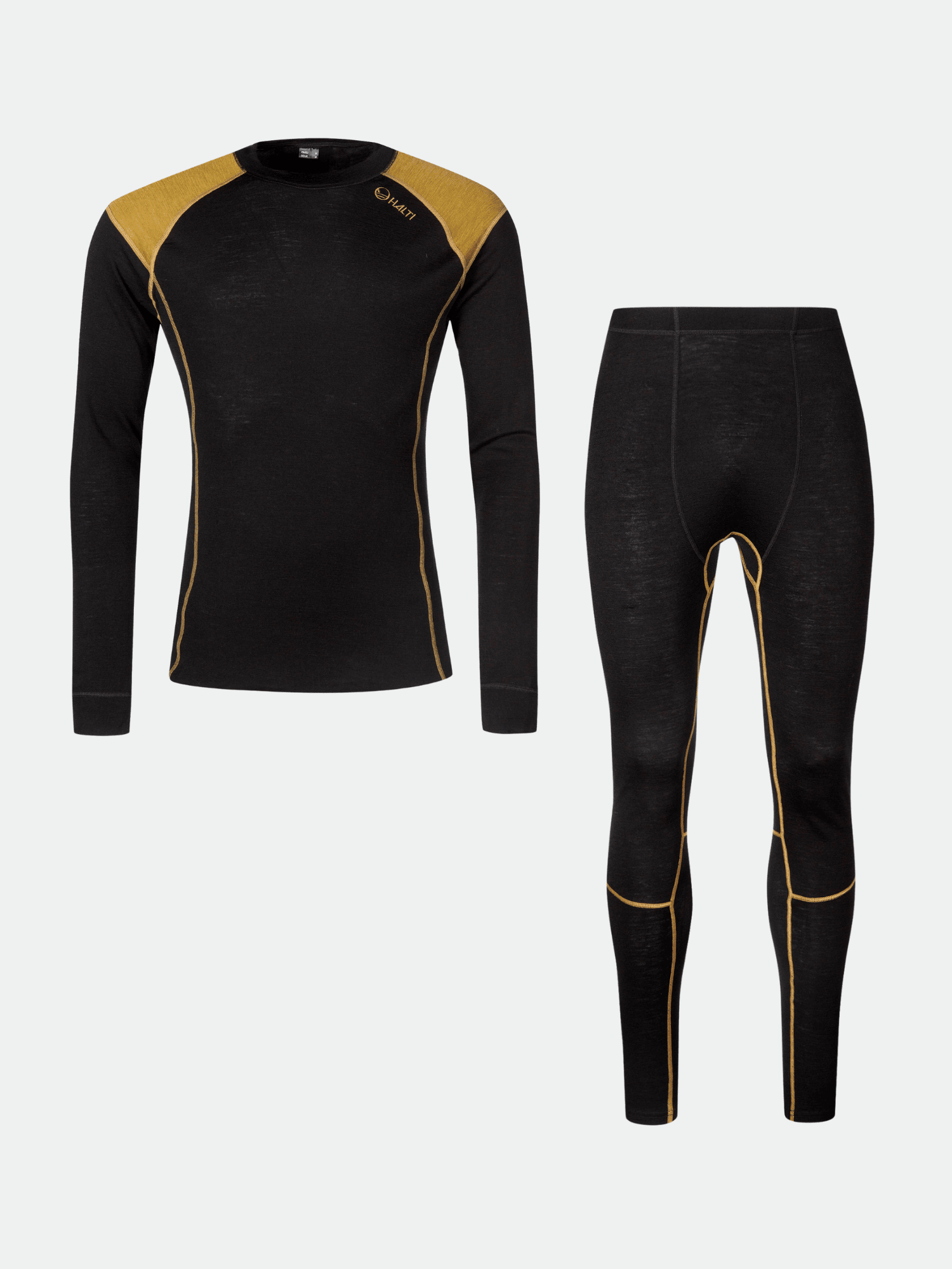 Halti Hossa Merino Base Layer Set for men in black and gold, 100% merino wool, shown on a light gray background.