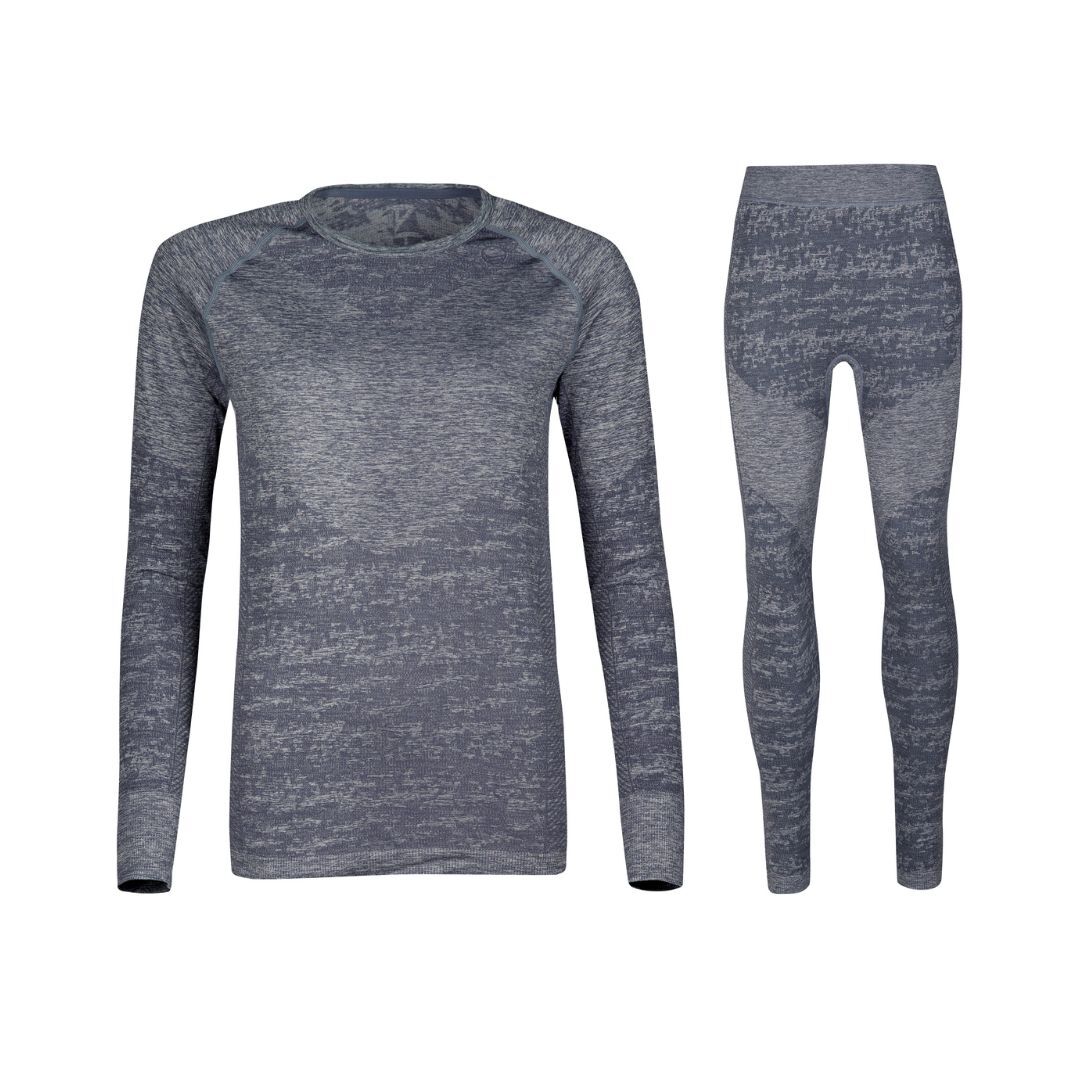 The Halti Free Seamless Baselayer Set Womens offers a gray, long-sleeved top and leggings for all-day comfort.