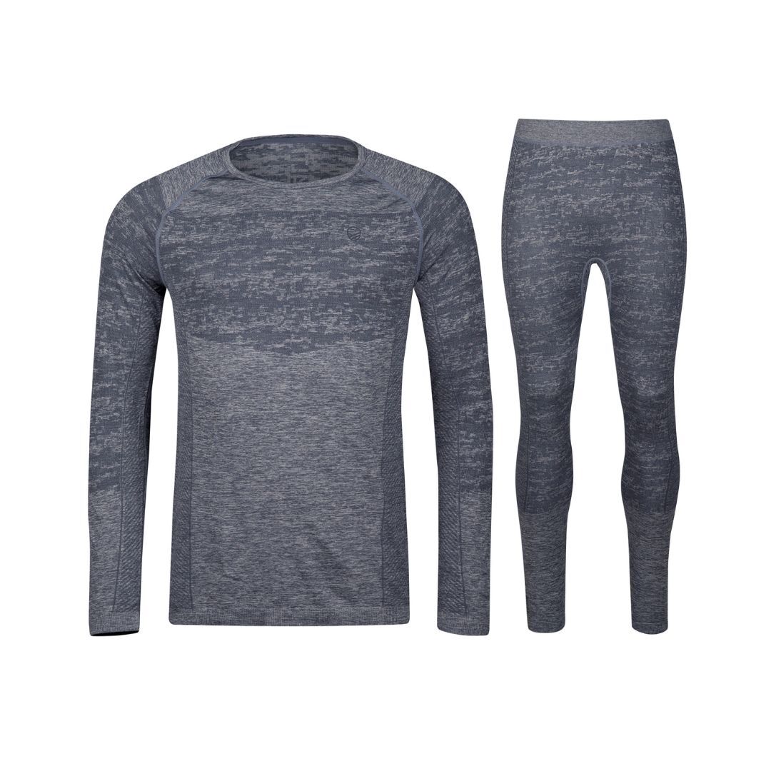 The Halti Free Seamless Baselayer Set Mens includes a gray long-sleeve shirt and pants in quick-drying fabric.