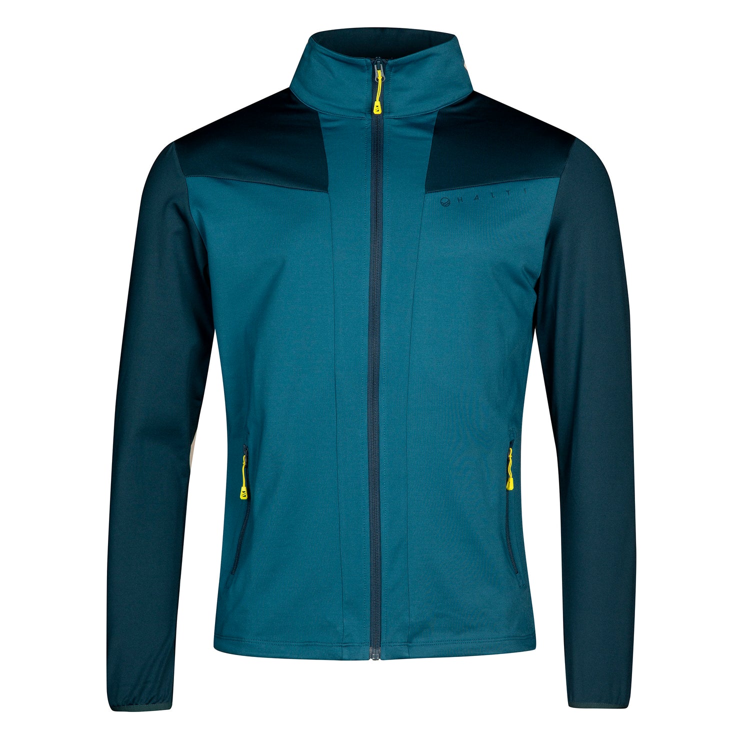 Halti Crosser Layer Jacket Mens in teal/black with Active Dry fleece, yellow zipper pulls, high collar, and pockets shown.
