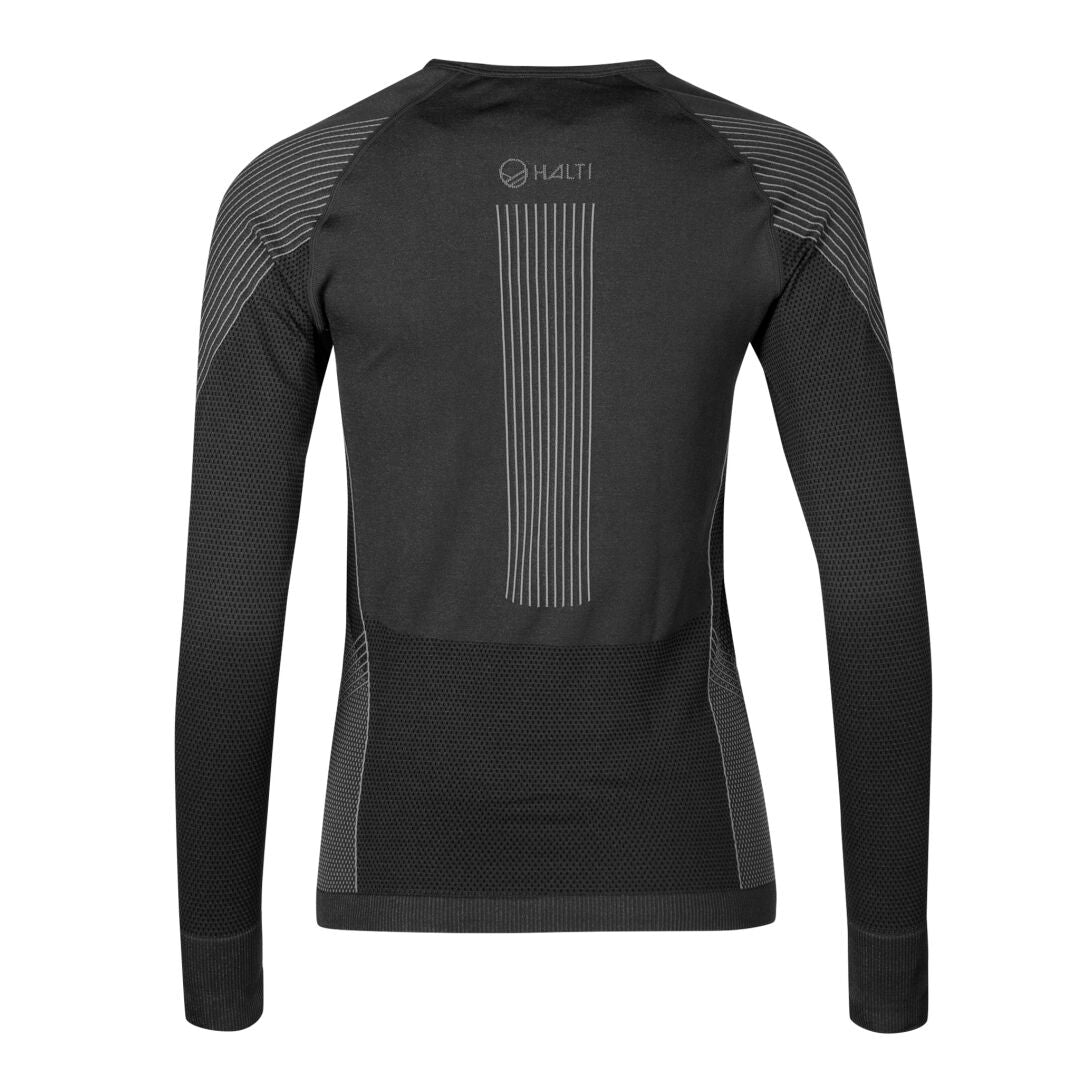 Back of Halti Atom Seamless Base Layer Set Womens in black with gray accents, made from recycled polyester.