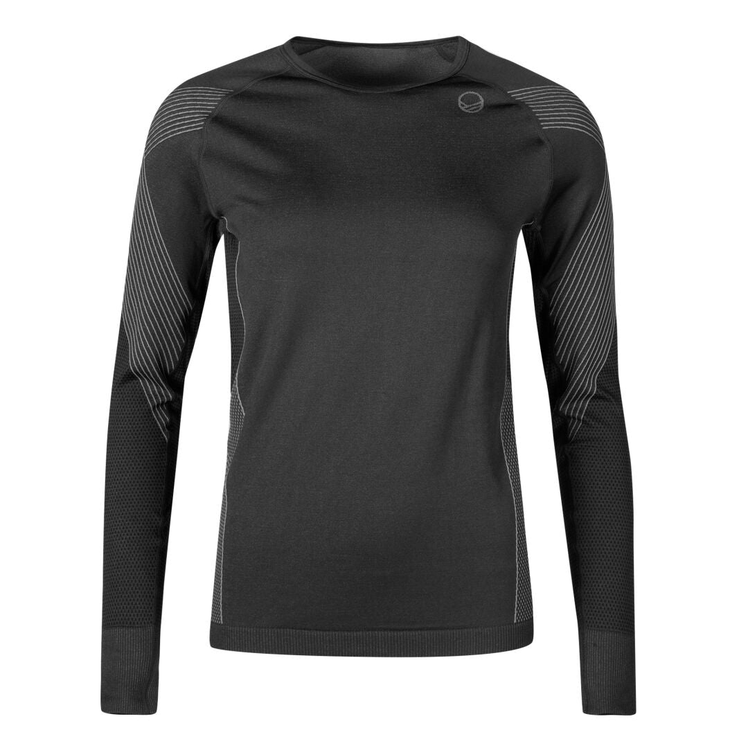 The Halti Atom Seamless Base Layer Set Womens is a black long-sleeve, gray-accented top made with Active Dry fabric.