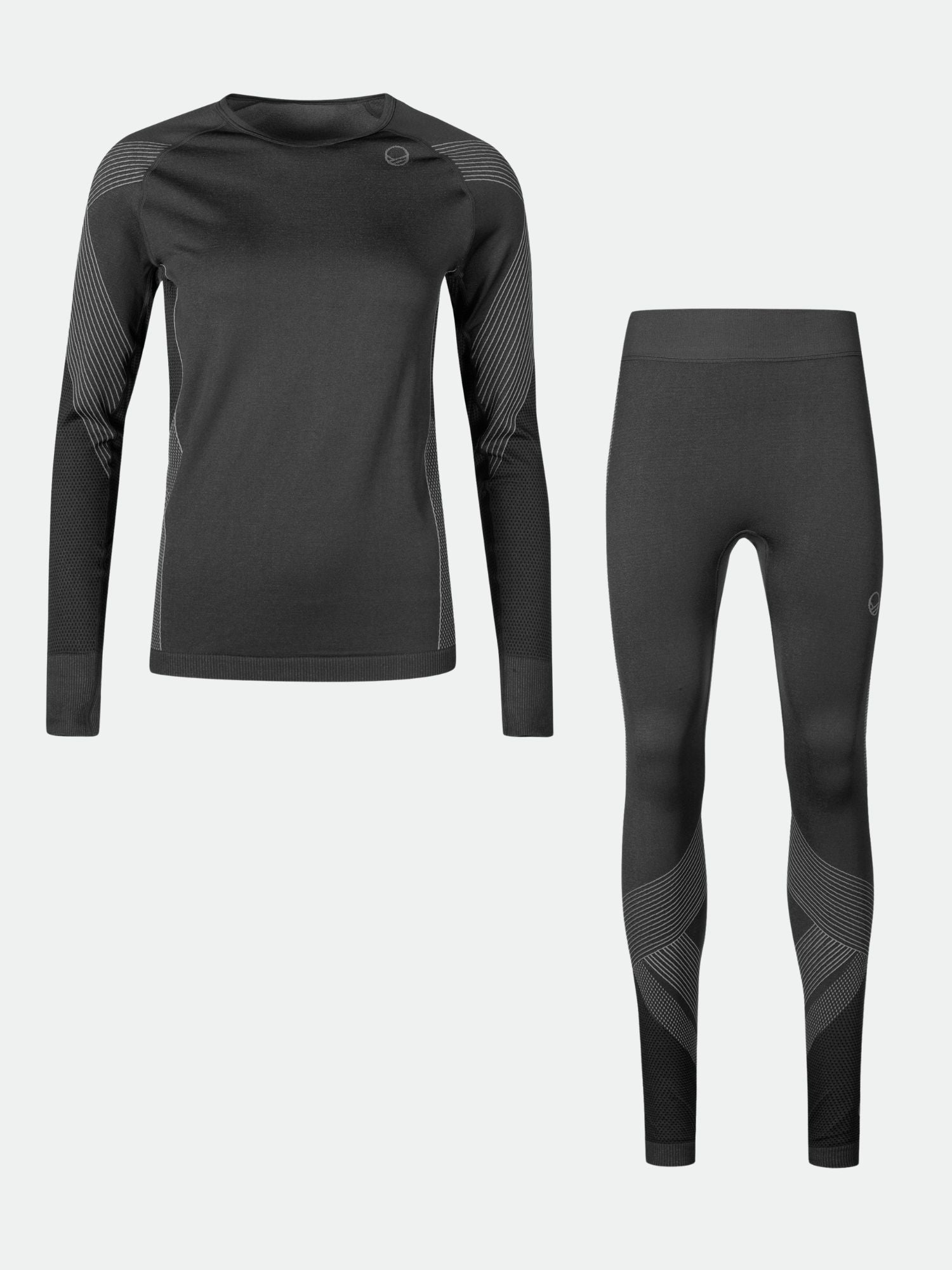 Halti Atom Seamless Base Layer Set Women's: black top and leggings with geometric patterns on arms and legs.