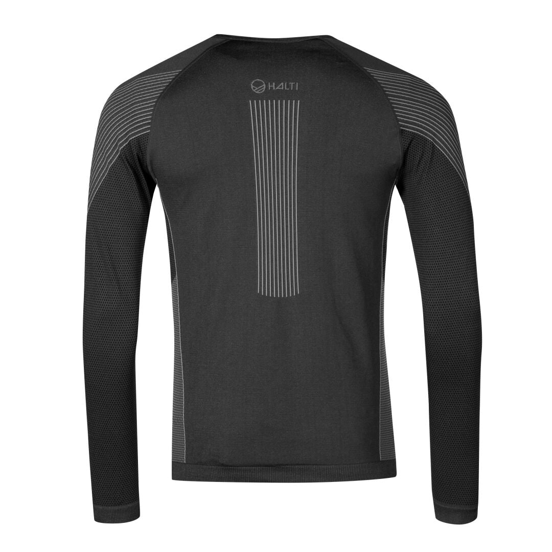 Halti Atom Seamless Base Layer Set Mens, black with gray stripes, recycled polyester, rear view.