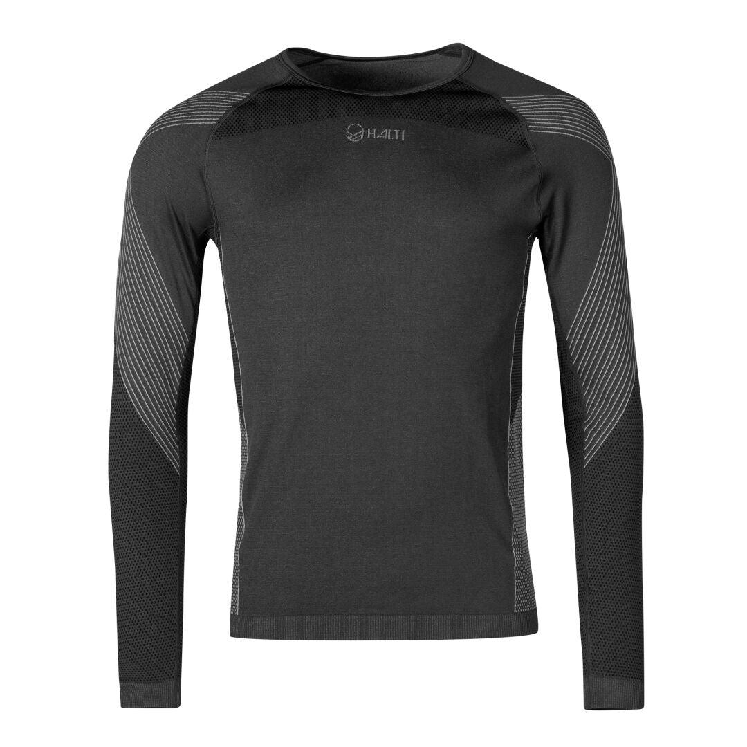The Halti Atom Seamless Base Layer Set Mens features a black long-sleeve Active Dry shirt with light gray stripes.