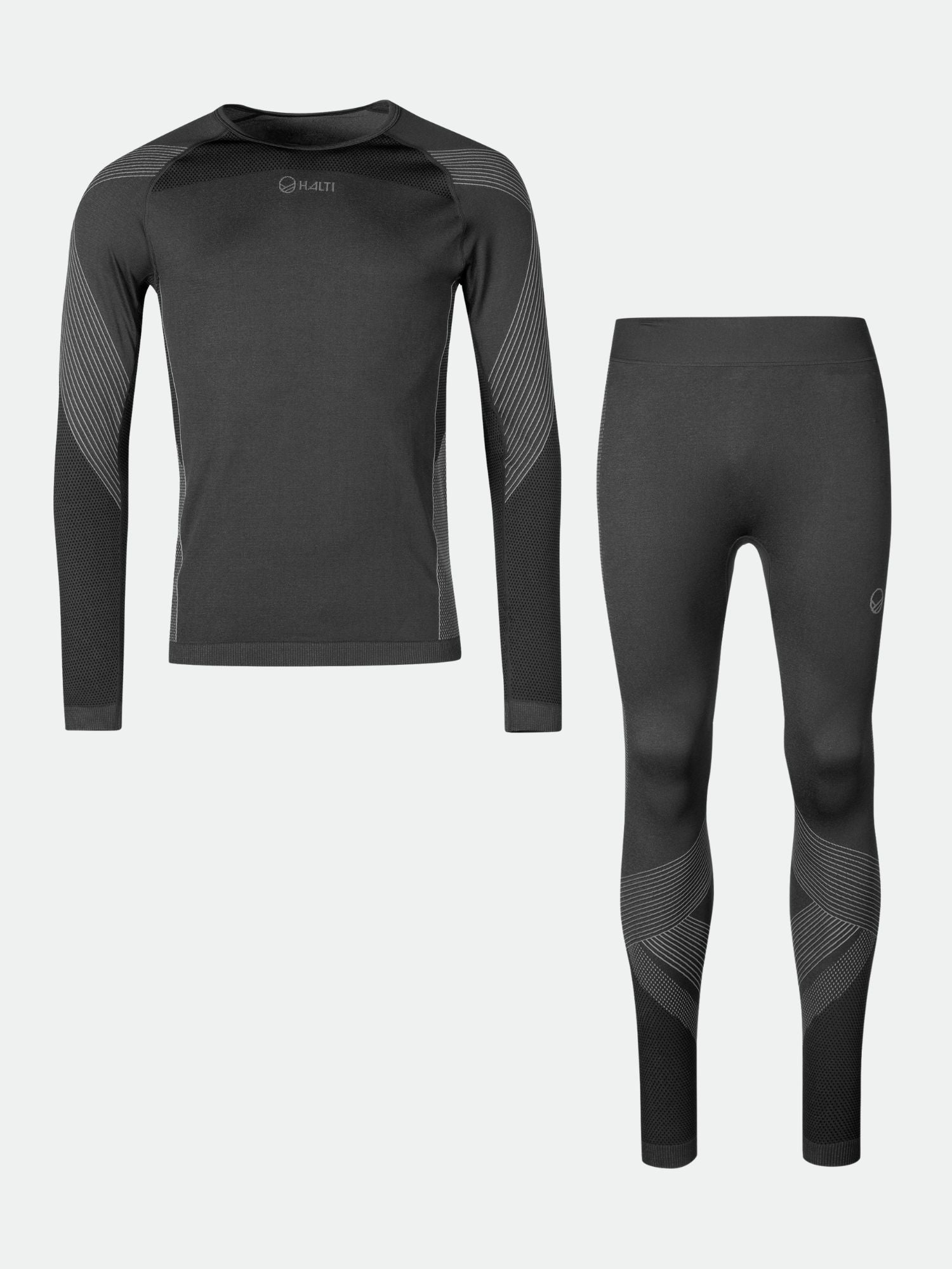 The Halti Atom Seamless Base Layer Set Men's is black with gray details, offering comfort with seamless technology.
