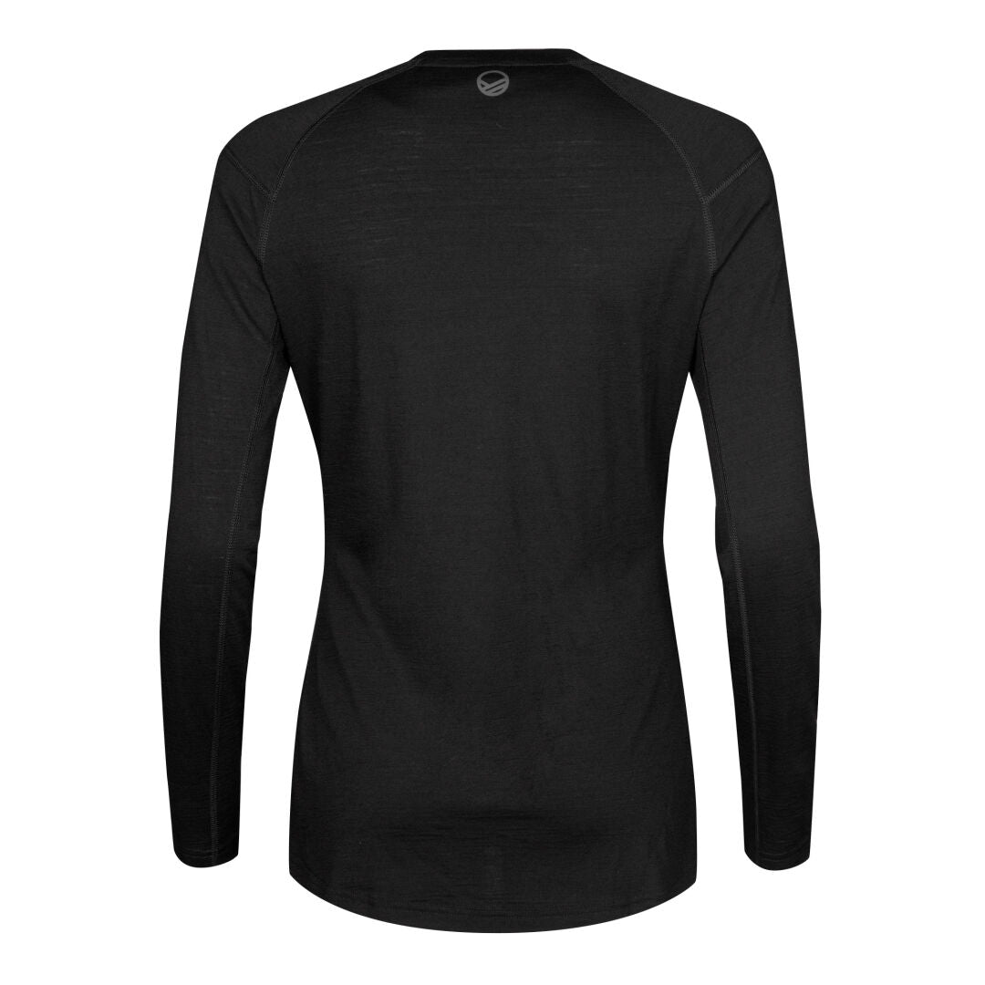 Back view of Halti Pihka II Womens Merino Baselayer Shirt in black with a small circular logo near the upper center neck.
