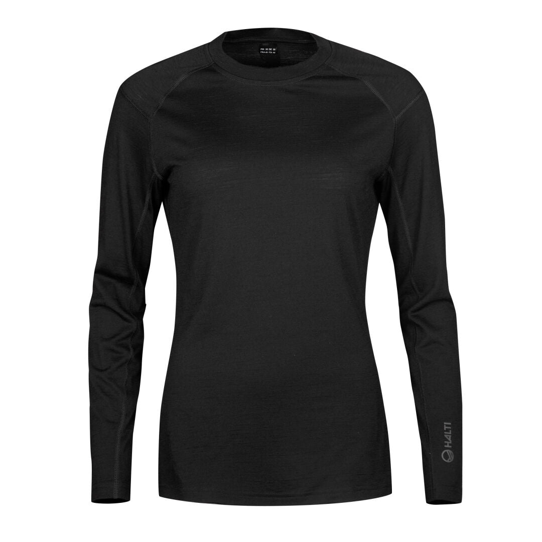 The Halti Pihka II Merino Baselayer Shirt Womens is a plain black, long-sleeve crew neck shown on a white background.