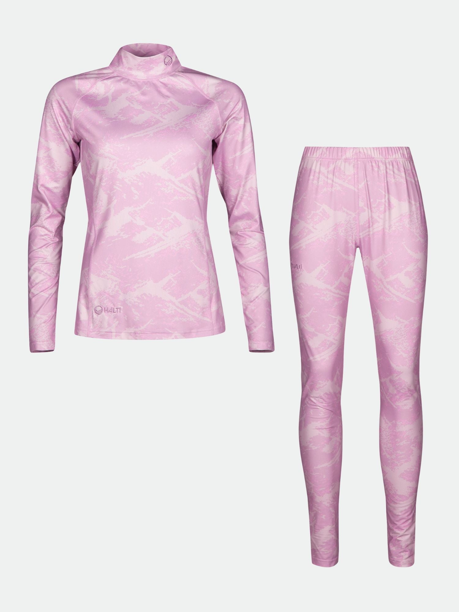 The Halti Windfire Baselayer set for women includes a pink patterned long-sleeve top and matching leggings.