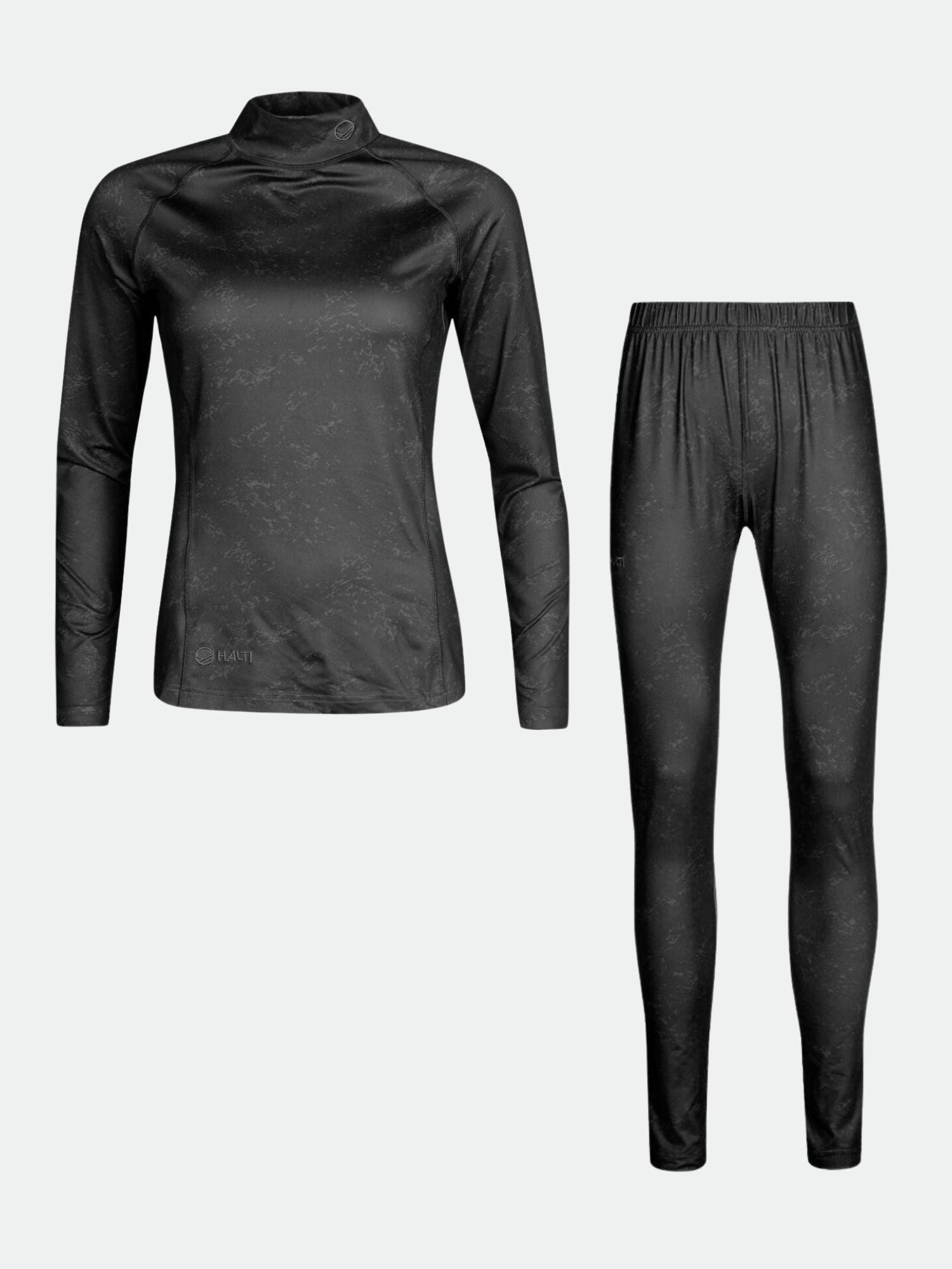 Halti Windfire Baselayer set Women's: black long-sleeve top and leggings with marbled texture, ideal for winter layering.
