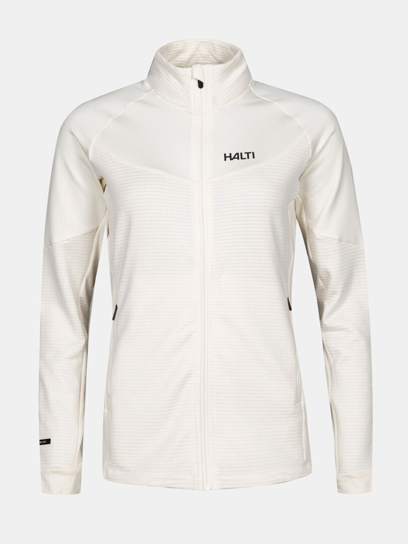 Halti HeatGrid Layer Jacket Women's, white technical midlayer made from recycled polyester, shown on plain background.