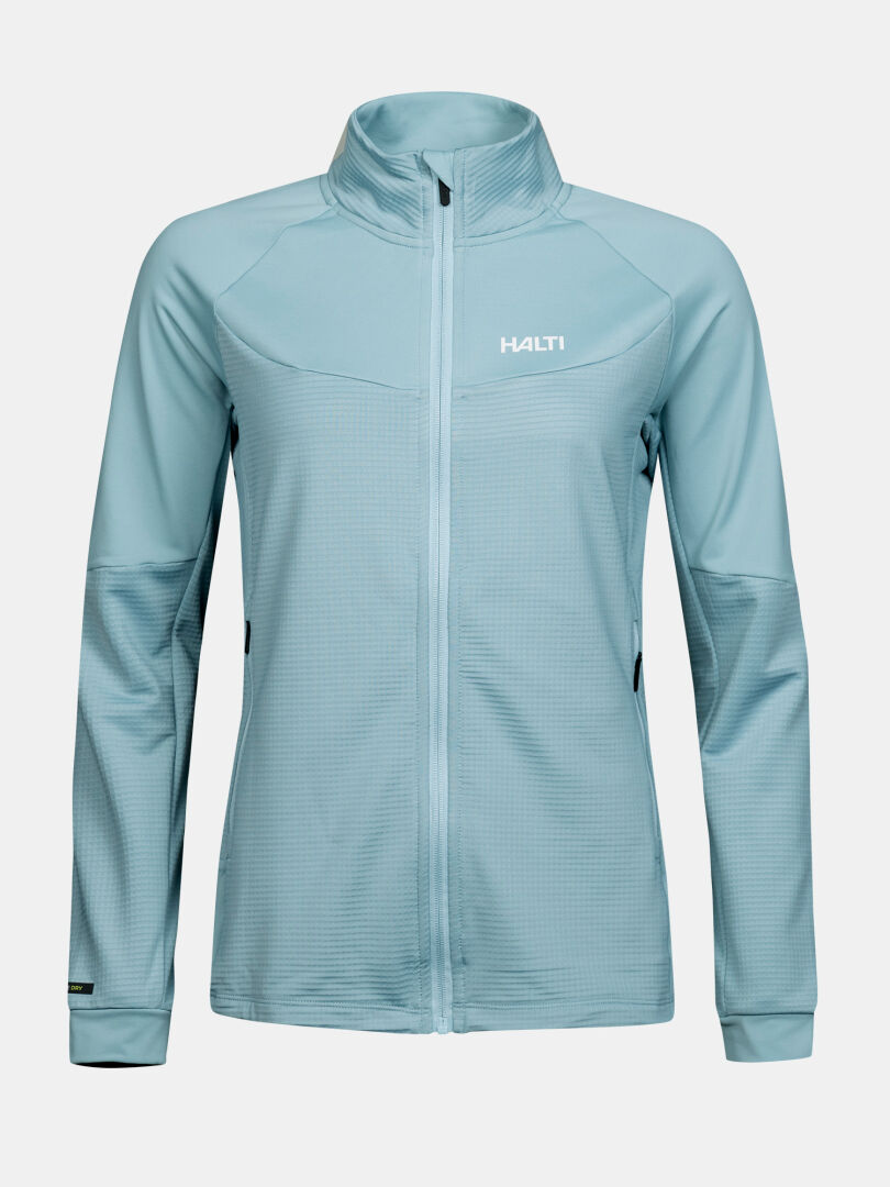 Halti HeatGrid Layer Jacket Women's: light blue, high collar, recycled polyester—perfect lightweight midlayer.