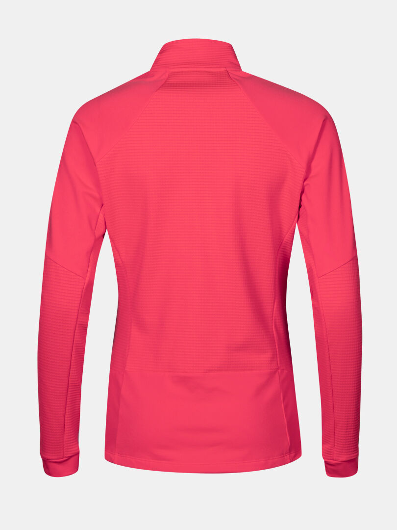 Back view of Halti HeatGrid Layer Jacket Women's, bright pink with high collar and panel stitching.