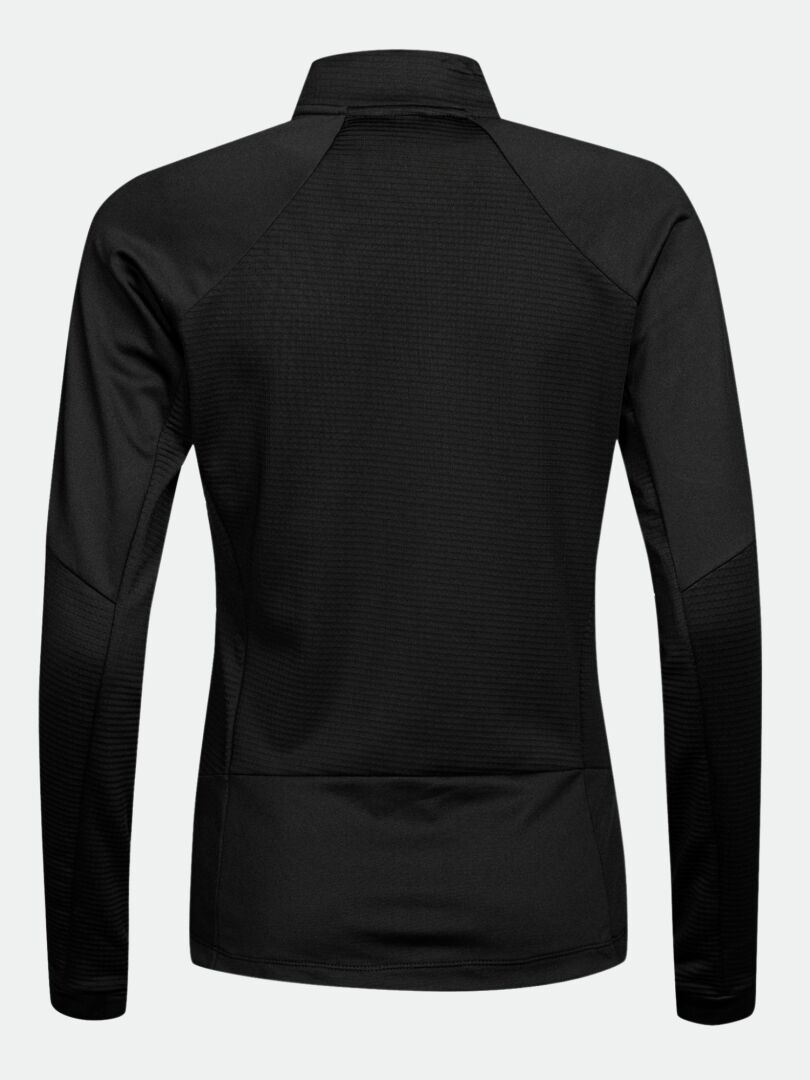 Back view of Halti HeatGrid Layer Jacket Women's—black, fitted, stand-up collar, recycled polyester technical midlayer.
