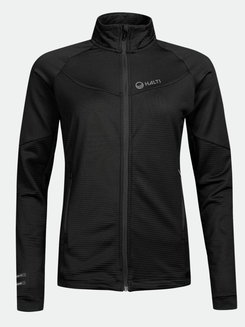 The Halti HeatGrid Layer Jacket Women's is black, long-sleeve, lightweight, with a high collar and left chest logo.