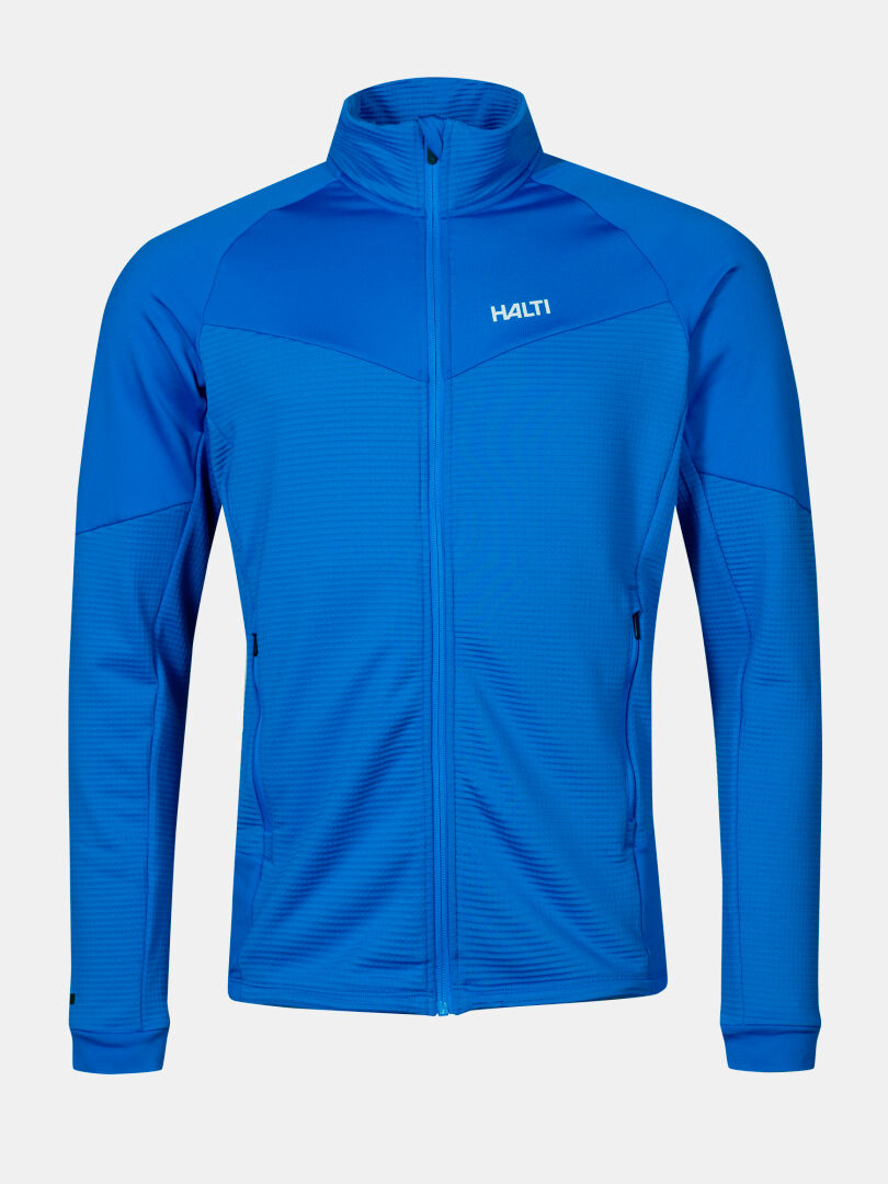 The Halti HeatGrid Layer Jacket Men's is a blue, long-sleeve recycled polyester midlayer with logo on the left chest.