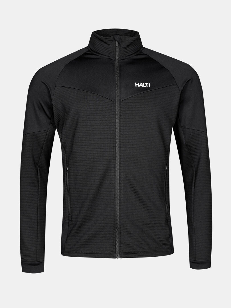 The Halti HeatGrid Layer Jacket Men's is a black, full-zip, recycled polyester jacket with a white chest logo.