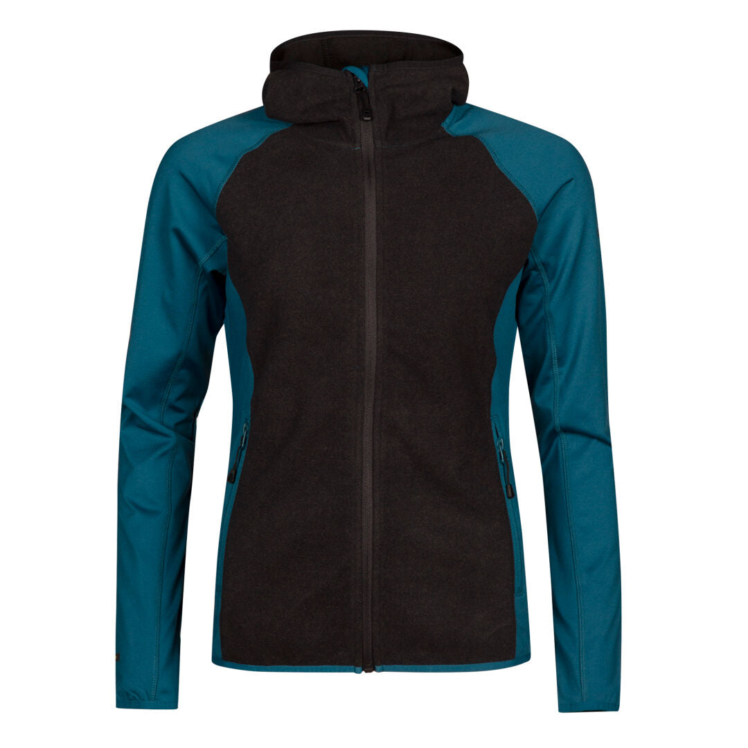 Halti Circuit II Hoodie Womens: Active Dry mid-layer with teal sleeves, black front, and hood on white background.