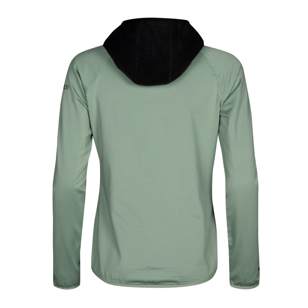 The Halti Circuit II Hoodie Womens is light green with long sleeves, black inner hood lining, and shown from the back.