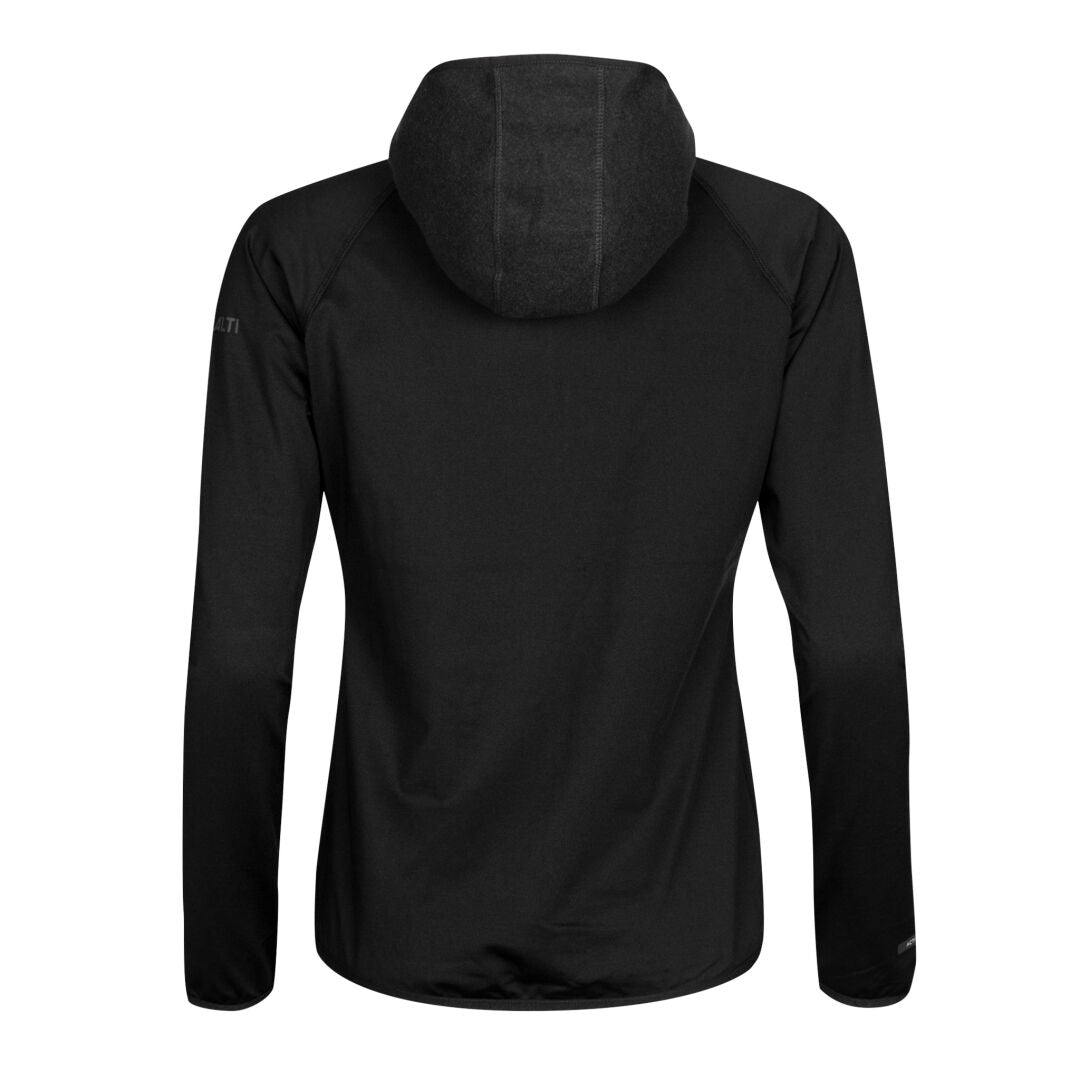 The Halti Circuit II Hoodie Womens, a black hooded mid-layer, is ideal for outdoor activities—shown from the back.