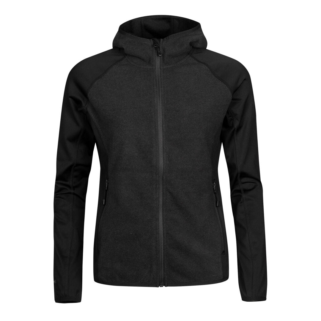 Halti Circuit II Hoodie Womens—black zip-up, long sleeves, two zip pockets, Active Dry material on white background.