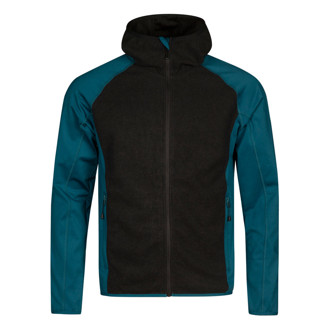 Halti Circuit II Hoodie Mens: a mid-layer with teal sleeves, black front & hood, zippered pockets; shown on white.
