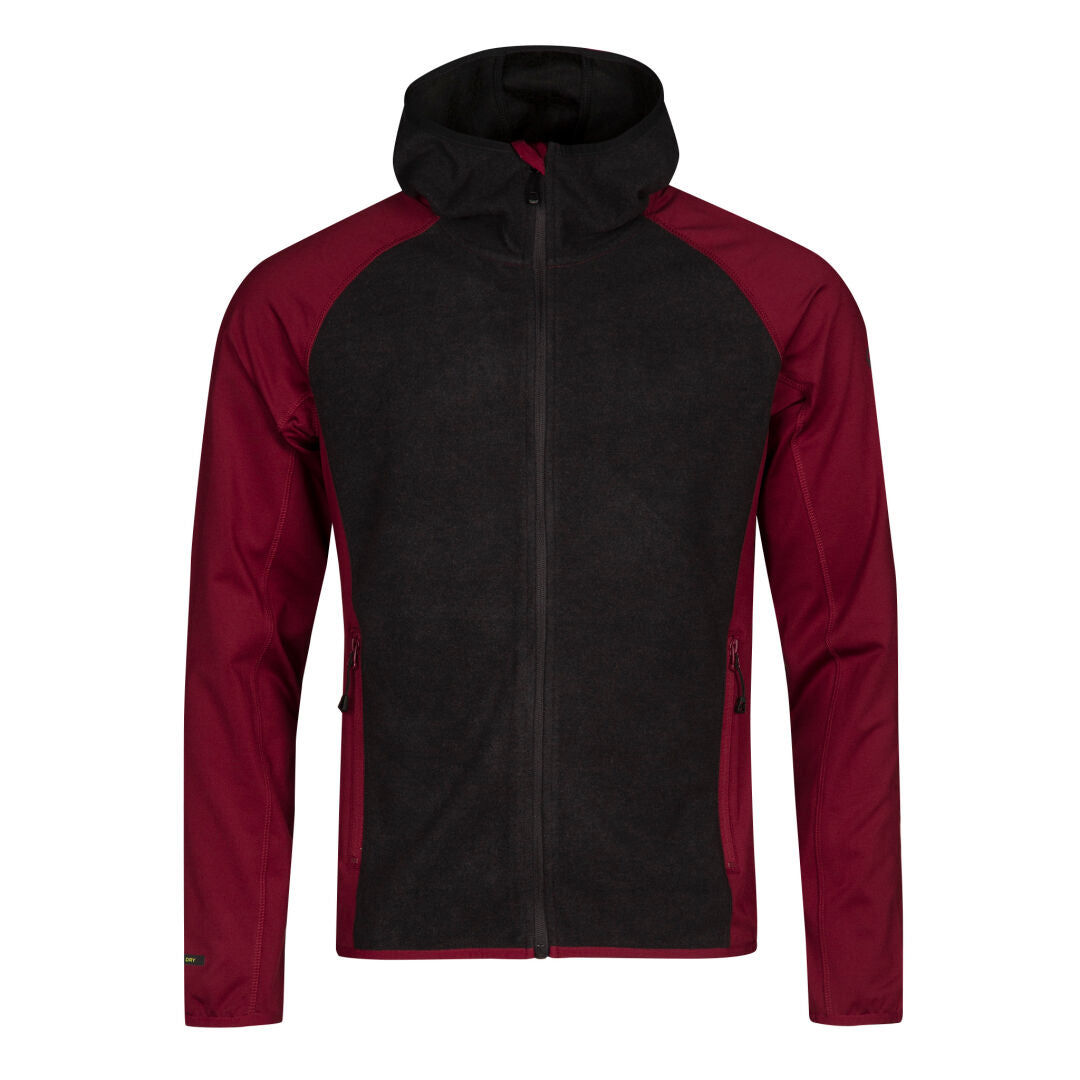 Front view of Halti Circuit II Hoodie Mens in two-tone black and maroon with hood and side zip pockets.