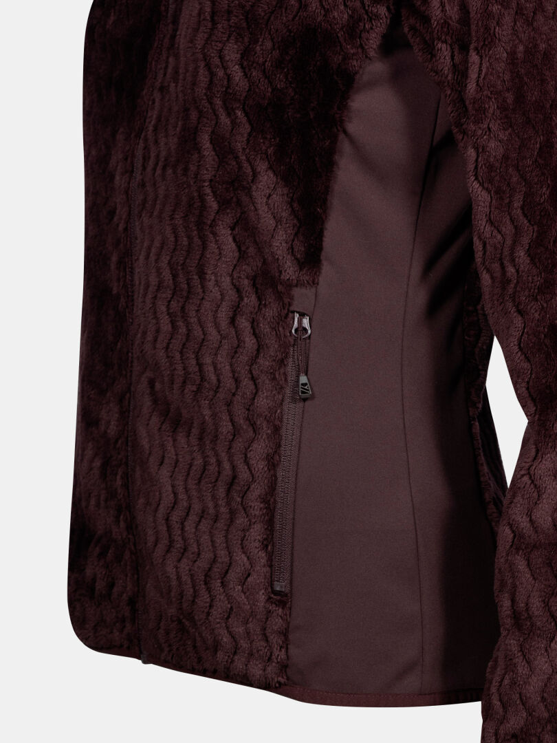 Close-up of Halti Thermel Layer Jacket Womens, maroon, with side zipper pocket and smooth cozy outdoor fabric.