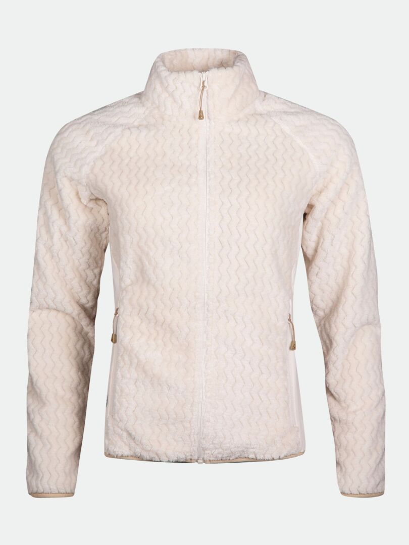 Halti Thermel Layer Jacket Womens: cream zip-up fleece with wavy pattern and two front zippered pockets.