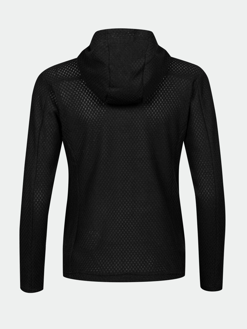 Back view of Halti Ultramove Layer Jacket Womens in black with hood, long sleeves, and mesh against light gray background.