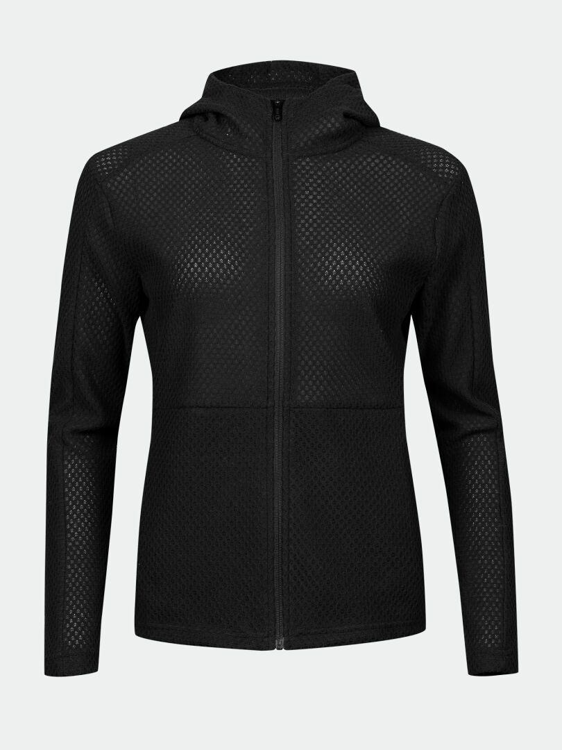 The Halti Ultramove Layer Jacket Womens is a black zip-up with mesh detail on sleeves, chest, and hood.