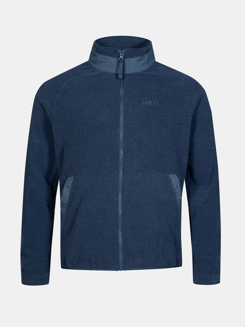 The Halti Soolo Layer Jacket Men's in blue features a high collar, long sleeves, and subtle texture on a plain background.