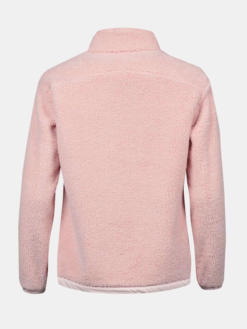 Back view of Halti Lumista Polar Fleece Jacket Womens in light pink, long sleeves, stand-up collar, no visible fastenings.