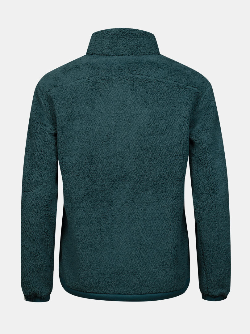 Back view of Halti Lumista Polar Fleece Jacket Women’s in dark teal with long sleeves, high collar, and textured finish.