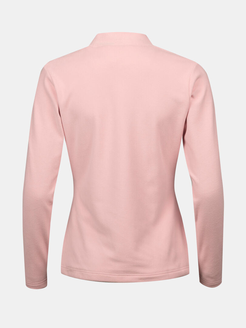 Back view of the Halti Trone Fleece Shirt Womens in light pink, long sleeves, shown on a white background.