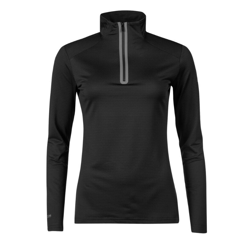 The Halti Moodi II Half Zip Shirt Womens is a black, lightweight, recycled polyester thermal top with a high collar.