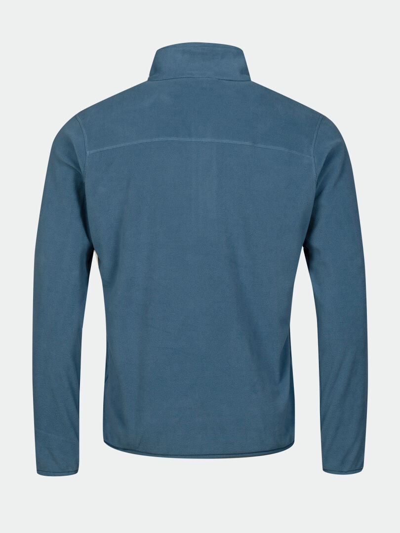 The Halti Ossia Half Zip Fleece Shirt Men’s in blue is shown from the back, a cozy, lightweight outdoor layer.