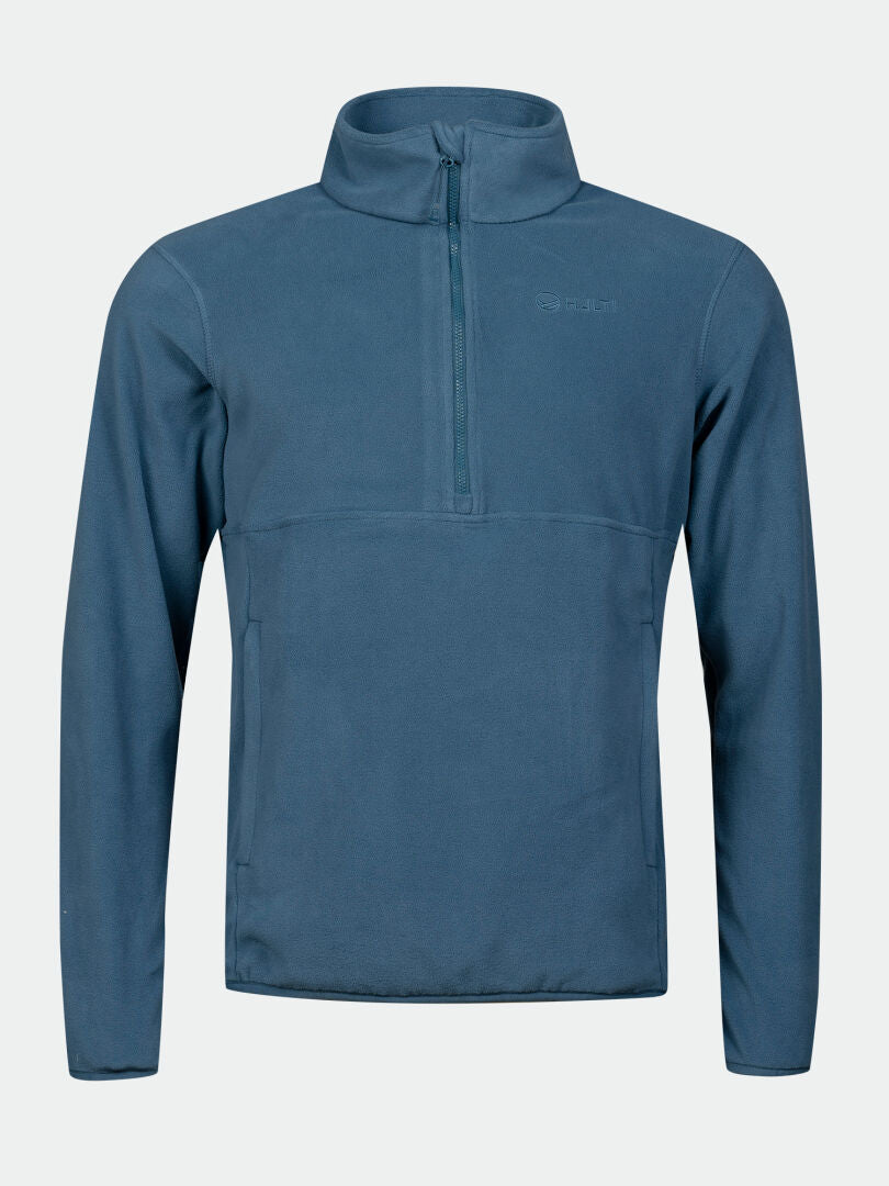 Halti Ossia Half Zip Fleece Shirt Men’s: blue recycled fleece with stand-up collar, ideal for outdoor or cozy layering.